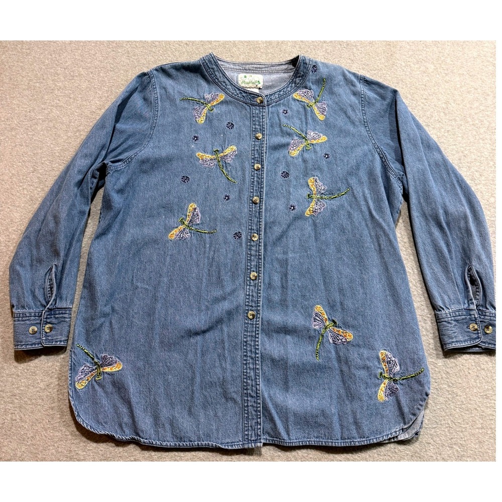 Quacker Factory Dragonfly Embroidered Denim Shirt Blue Plus 1X Button Front Top